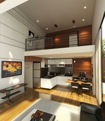 Modern Loft Apartment Interior Design with Kitchen and Living Room