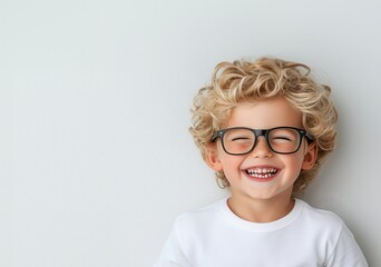 Obraz premium A joyful child with curly hair and glasses smiles brightly, capturing the essence of childhood happiness and innocence.