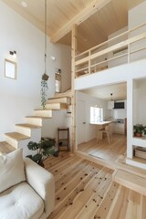 Fototapeta premium Modern Minimalist Home Interior Design With Wooden Flooring And Open Space
