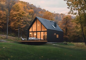 Modern Black Cabin in Autumn Forest