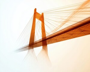 Detailed blueprint of an innovative suspension bridge, highlighting structural supports, tension cables, and aerodynamic design