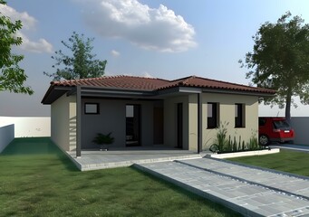 Fototapeta premium Modern House Design with Red Roof and Green Lawn