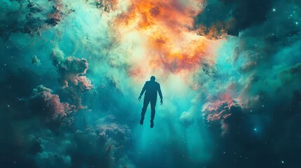 Galactic Wanderer, A man drifts through a cosmic expanse, surrounded by ethereal brush strokes, embodying a mysterious journey through boundless dimensions and limitless freedom.