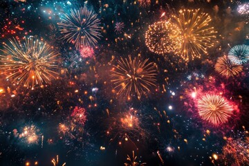 Fototapeta premium Vibrant pyrotechnics bursting in the evening sky shrouded in obscurity