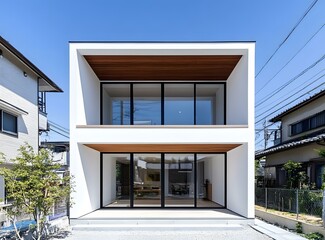 Modern Two Story House with Wooden Accents and Large Windows