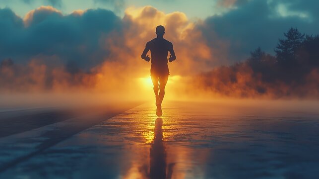 Silhouette of a runner against a vibrant sunset, evoking energy, motivation, and a sense of freedom amidst nature's beauty.
