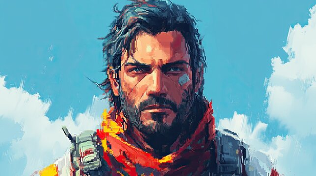 A pixel art portrait of a pixelated adventurer, their pixelated expression conveying a sense of determination and courage.