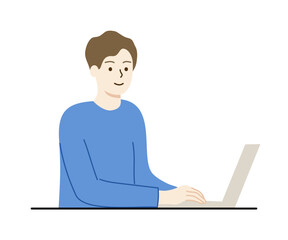 Smiling man sitting in front of laptop working. Business, technology, leisure, lifestyle, communication concept. Flat character vector design isolated illustration.