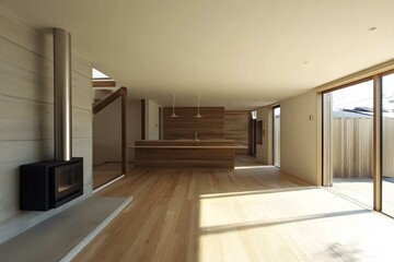 Fototapeta premium Modern Minimalist Living Room with Fireplace and Wooden Floor