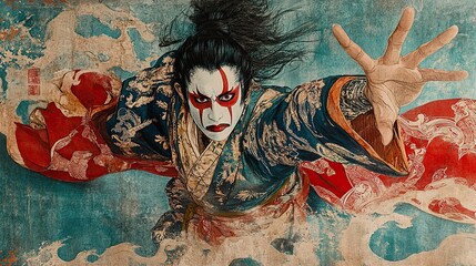 A dynamic Ukiyo-e scene of a kabuki actor striking a dramatic pose on stage, their costume and makeup meticulously detailed.
