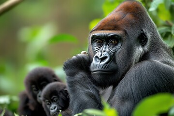 Obraz premium A silverback gorilla sitting in the jungle, watching over his family with an air of calm authority and strength