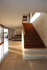 Modern Interior Design with Wooden Staircase and Marble Floor