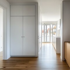 Fototapeta premium White Cabinet Doors and Hardwood Floor in Modern Kitchen Interior Design