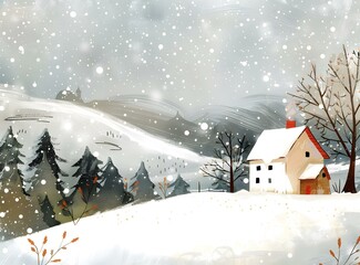 Naklejka premium Winter Landscape with a Small House Illustration