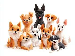 Fototapeta premium A cheerful group of cartoon dogs posing together, showcasing various breeds and playful expressions.