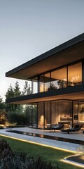 Fototapeta premium Modern Minimalist Home with Large Windows and Outdoor Patio