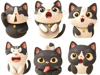A collection of playful cartoon cats showcasing various expressions of joy, surprise, and curiosity in a charming design.
