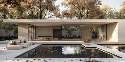 Modern Minimalist House Design with Pool and Autumn Leaves