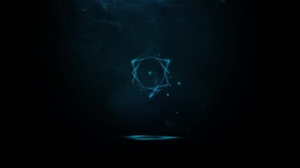 Metatron's glowing neon cube made up of many small blue flashing dots, bulbs, rotating in smoke and flying dust in the dark. Sacred geometry. 4k 3d looped animation. - Powered by Adobe