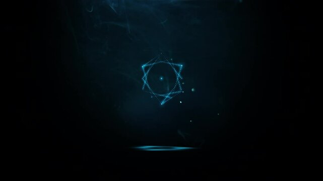 Metatron's glowing neon cube made up of many small blue flashing dots, bulbs, rotating in smoke and flying dust in the dark. Sacred geometry. 4k 3d looped animation.