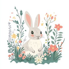 A cute rabbit surrounded by colorful flowers in a whimsical garden, perfect for adding charm to your design.