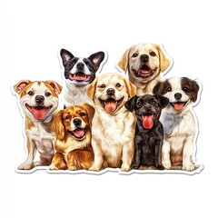 A joyful group of smiling dogs of various breeds, ready to play and bring happiness to any home.