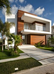 Fototapeta premium Modern Tropical Home with Wooden Siding and Palm Trees