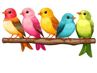 Naklejka premium A vibrant illustration of colorful birds perched on a branch, showcasing a variety of hues and cheerful expressions.