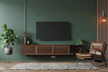 Mockup a cabinet TV wall mounted with armchair in minimal style 3D render mockup. Generative Ai.