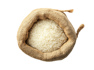 Top view of a burlap sack filled with white rice, isolated on white background. Perfect for food and agricultural themes.