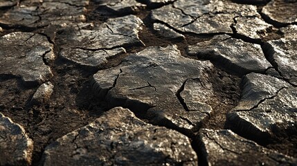 Fototapeta premium Close-up of Cracked and Sun-Glinted Dry Earth