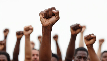 Raised fists of diverse women symbolize unity and empowerment with a bold, impactful visual.