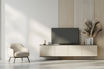 Mockup a cabinet TV wall mounted with decoration. Generative Ai.