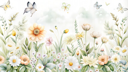 Fototapeta premium Beautiful floral illustration with butterflies and soft pastel colors in a serene garden setting copy space