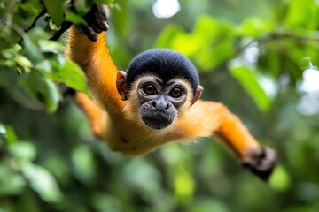 Fototapeta premium A troop of monkeys swinging through the trees, their agile bodies moving effortlessly from branch to branch in a tropical rainforest