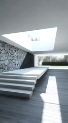 Obraz premium Modern Minimalist White Platform with Stone Wall in Interior Design