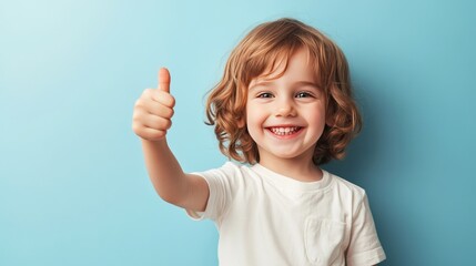 Happy child giving a thumbs up, beaming with a playful smile on a light blue background, radiating positivity and joy