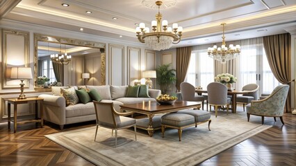 Fototapeta premium Opulent dining room and living room with sofa and armchair , luxurious, elegant, upscale, interior design, , comfortable