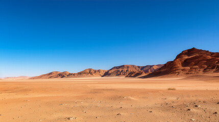Fototapeta premium Vast Desert Serenity, expansive golden sands stretching under a vibrant azure sky, the sun illuminating the undulating dunes, evoking a sense of tranquility and isolation.