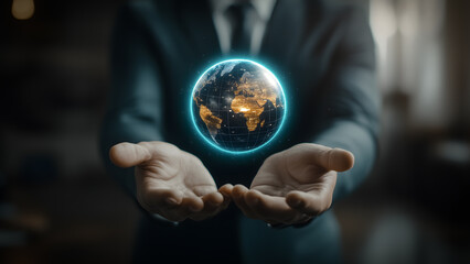 Fototapeta premium Businessman holding digital earth planet showing global business and worldwide technology concept