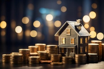 Real estate or property investment concept, 3d small house model with coins on white table. Generative AI.	