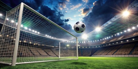 Soccer ball scoring a goal in a football stadium , soccer, ball, goal, net, stadium, victory, competition, sport, success, game
