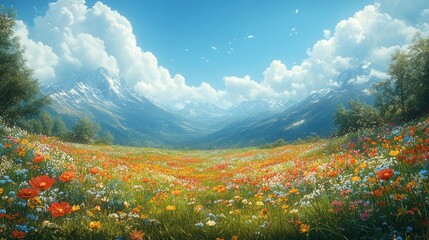 A vibrant meadow with colorful flowers and majestic mountains.