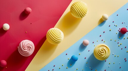 Colorful pastel spheres and shapes in a geometric composition on vibrant backgrounds