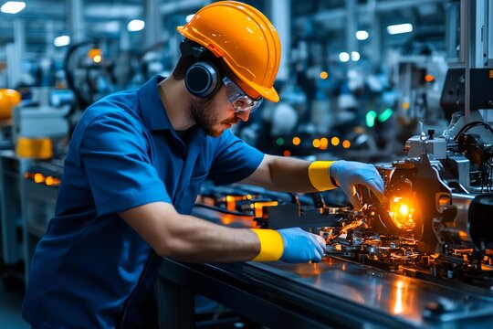 A worker managing a factory floor, with machines and workers moving in sync, ensuring that resources and time are used efficiently