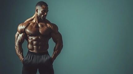 Obraz premium A muscular man with a beard, shirtless, wearing black pants, against a teal and red background.