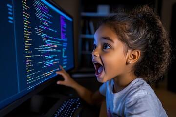 A young girl coding her first program, with lines of code on the screen and a look of excitement as she runs her project
