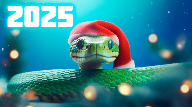 Happy New Year 2025. Snake in santa claus hat on light pink background, christmas bokeh background