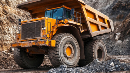 Obraz premium Close-up of a heavy-duty dump truck loading material at a mining operation