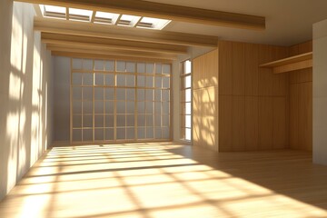 Fototapeta premium Modern Minimalist Interior Design With Wooden Beams And Large Windows